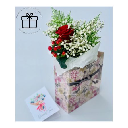 Single Fresh Rose Stem With Greens Baby Breath Gift & Custom Greeting Card