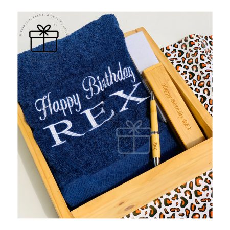 Monogrammed Bath Size Towel With Engraved Wooden Pen In Wooden Box Gift For Him