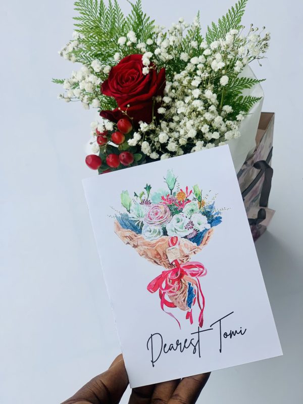 Single Fresh Rose Stem With Greens Baby Breath Gift & Custom Greeting Card - Image 2