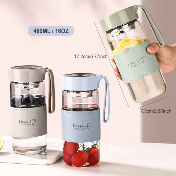 480ml Portable Glass Bottle With Leather Holder & Silicon Strap