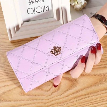 Women Quilted Long Embroidered Crown Long Tri-fold PU Leather Wallet