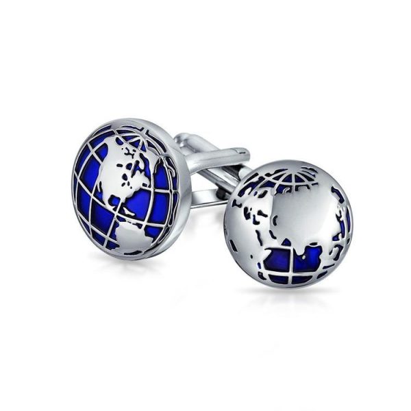 Round Silver Metal Planet World Globe Map Cufflinks For Him