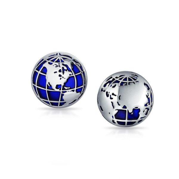 Round Silver Metal Planet World Globe Map Cufflinks For Him - Image 2