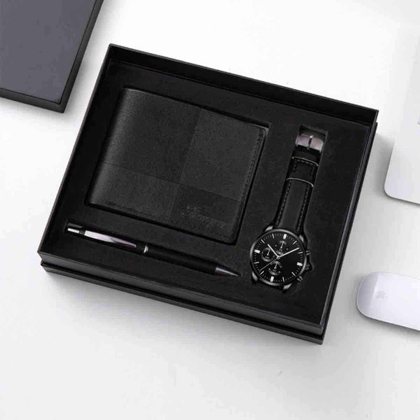 3-in-1 Men's Leather Wallet Leather Strap Wristwatch Pen Gift Set - Image 3
