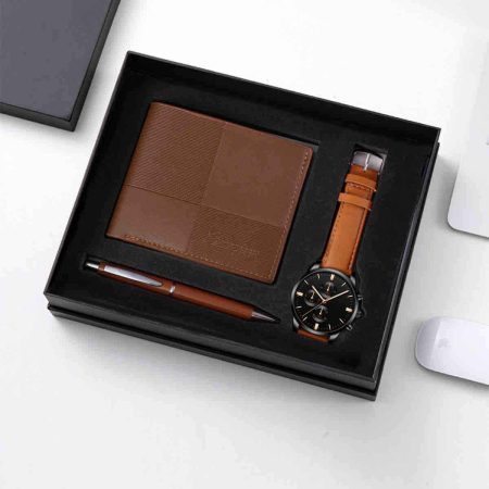 3-in-1 Men's Leather Wallet Leather Strap Wristwatch Pen Gift Set