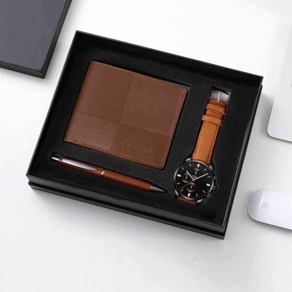3-in-1 Men's Leather Wallet Leather Strap Wristwatch Pen Gift Set