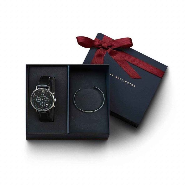Daniel Wellington Wristwatch With Leather Strap And Silver Steel Bracelet Gift Set For Him