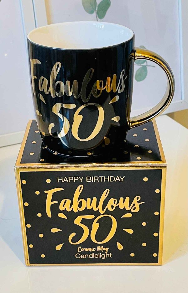 Fabulous at Fifty Black Birthday Mug With Glossy finish and gold print - Image 2