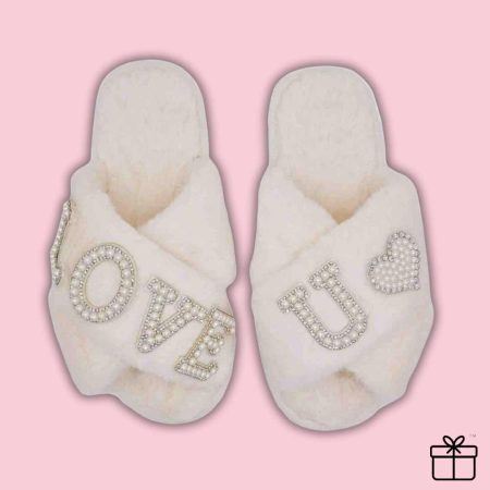 "Love U" Pearl Rhinestone Plush Furry Slipper
