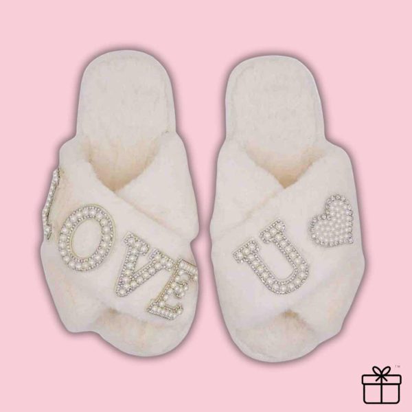 "Love U" Pearl Rhinestone Plush Furry Slipper