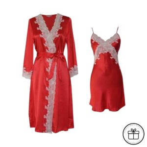 Luxury Crimson Red Satin & Scalloped Lace 2-Piece Robe Set